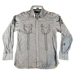 Roar Mens Slim Fit Grey Herringbone‎ Embroidered Western Button Down Shirt Large